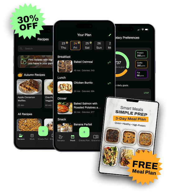 Preppd app screens showing a weekly meal plan next to the free 3-day meal plan guide, with a 30% off badge